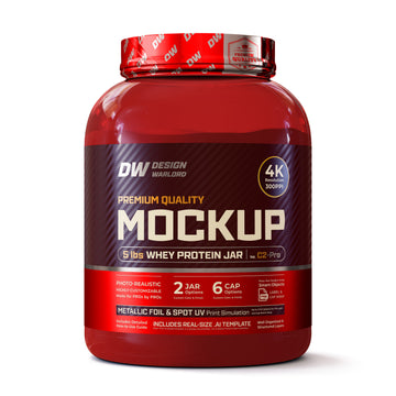 Design Warlord - 5 lbs Whey Protein Jar Mockup Vol. C2-Pro - Next-Gen Packaging PSD Mockup for product images - Transparent Colored PET plastic jar