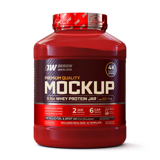 Design Warlord - 5 lbs Whey Protein Jar Mockup Vol. D2-Pro - Next-Gen Packaging PSD Mockup for product images - Transparent Colored PET plastic jar