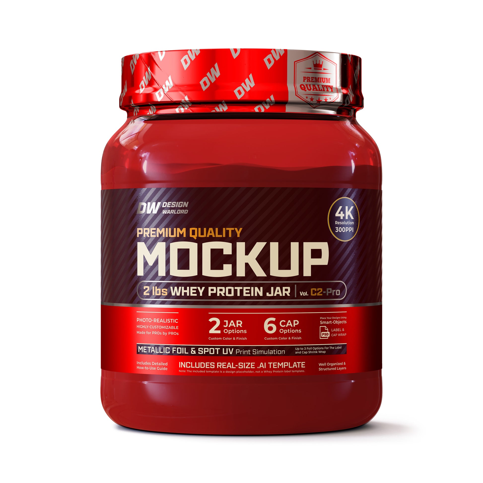 Design Warlord - 2 lbs Whey Protein Jar Mockup Vol. C2-Pro - Next-Gen Packaging PSD Mockup for product images - Transparent Colored PET plastic jar