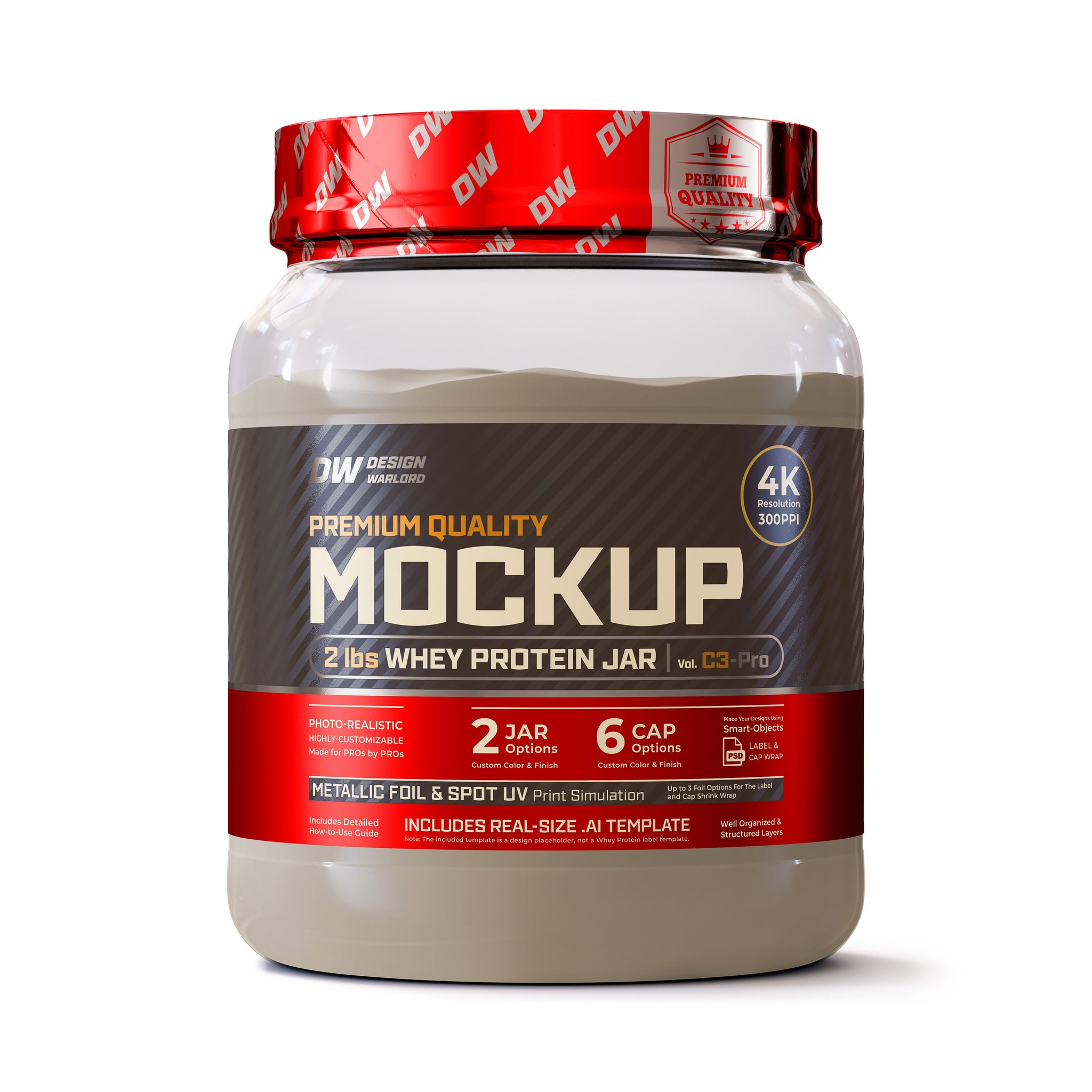 Design Warlord - 2 lbs Whey Protein Jar Mockup Vol. C3-Pro - Next-Gen Packaging PSD Mockup for product images - Transparent Clear PET plastic jar