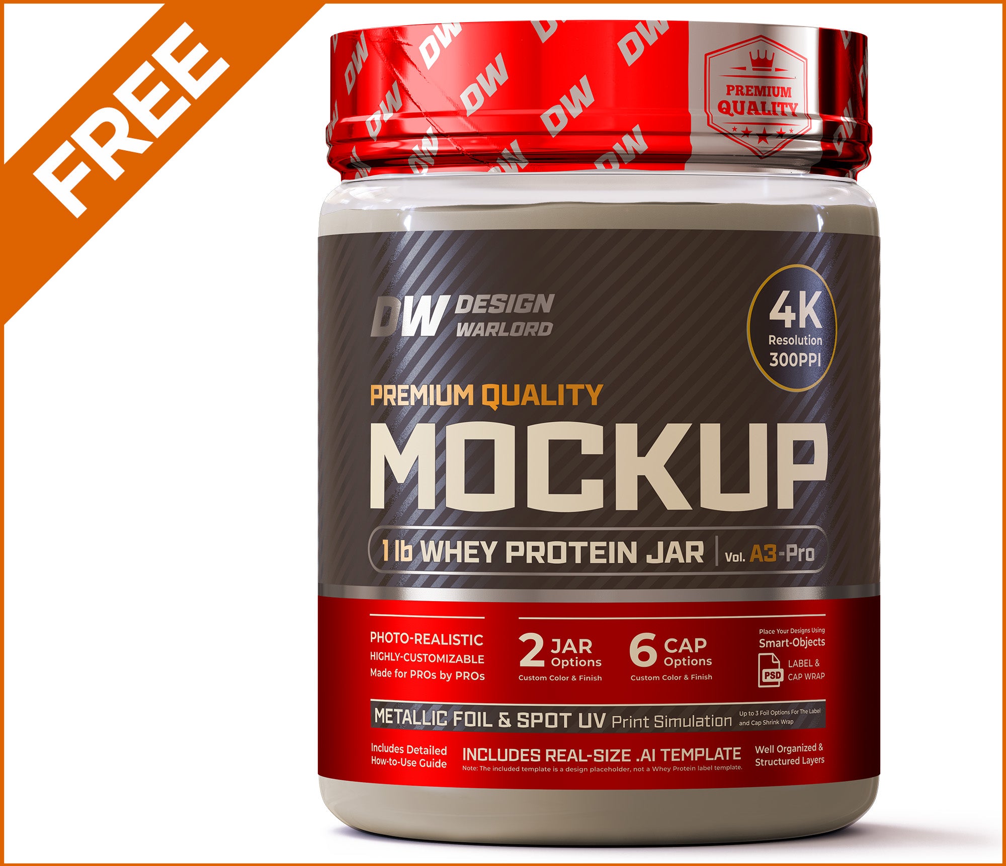 Mockup: 1lb Whey Protein Jar (Clear Plastic) - Design Warlord