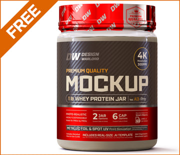 1lb Whey Protein Powder Jar Mockup - Free Download - Freebie - Next-Gen Packaging PSD Mockup for product images - Transparent Clear PET plastic jar - Design Warlord